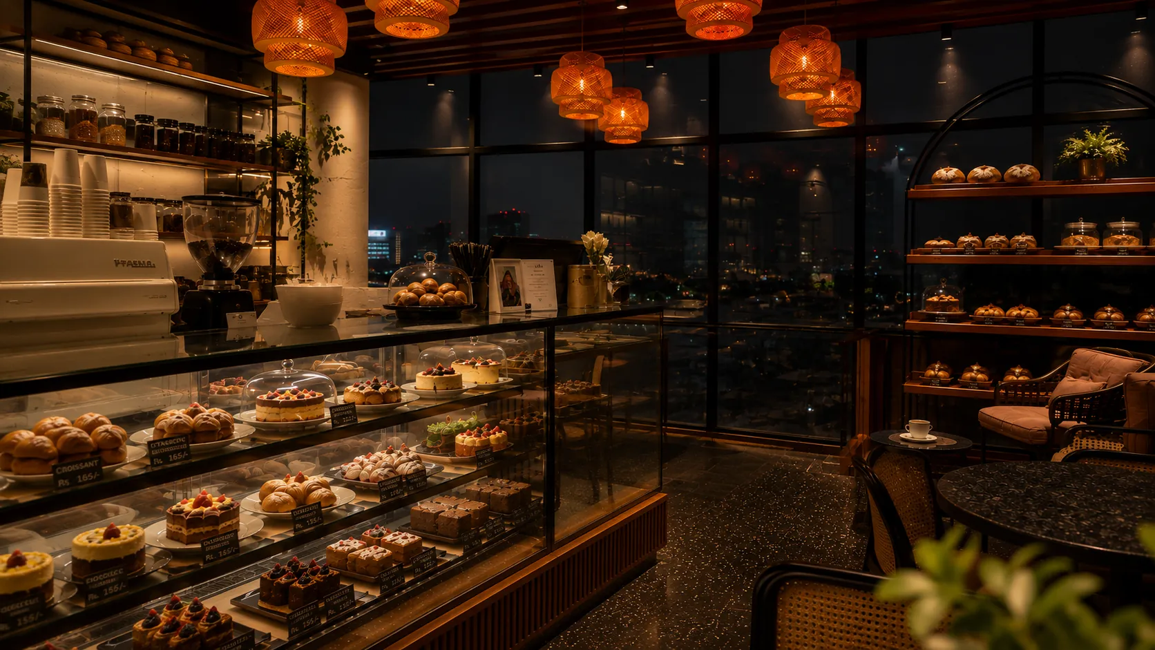 Zaros bakery display case glowing warmly at night